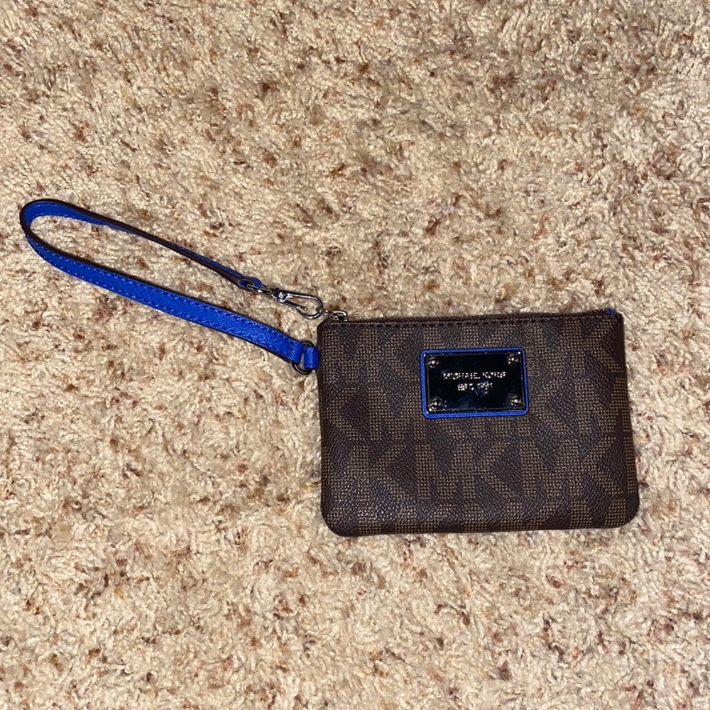 Brown and blue Michael Kors wristlet